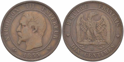 Франция 10 сантимов 1855 B, Наполеон III (1852-1870) KM 771.2, Le Franc 133.21 бронза  4680-535