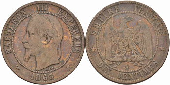 Франция 10 сантимов 1863 A, Наполеон III (1852-1870) KM 798.1, Le Franc 134.8 бронза 4389-226