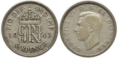 Великобритания 6 пенсов 1943 Георг VI (1936-1952) KM 852, Spink 4084 серебро 4538-532
