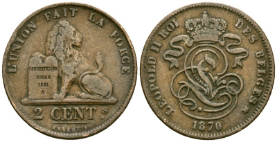 Бельгия 2 сантима 1870 KM 35 медь 4177-1043
