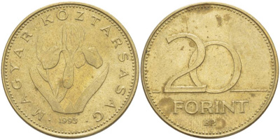 Венгрия 20 форинтов 1993 венгерский ирис KM 696 никель-латунь 51-154