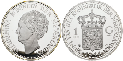 Нидерланды медаль ND серия старинные монеты, 1 гульден 1944, вес 31,2 грамма  серебро  PROOF 00-00