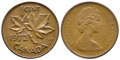 Канада 1 цент 1972 Елизавета II (1952-2022), кленовый лист KM 59.1 бронза 177-1011