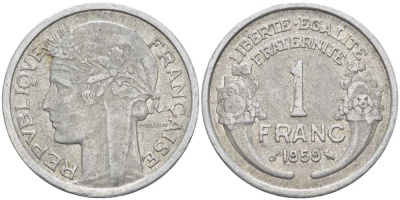 ФРАНЦИЯ 1 ФРАНК 1959 ТИП MORLON, LEGERE KM 885a.1, LE FRANC 221.23 алюминий 175-447