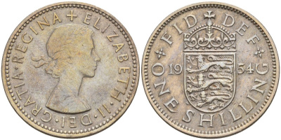 Великобритания 1 шиллинг 1954 Елизавета II (1952-2022), Английский герб KM 904, Spink 4147 медно-никель 4153-911