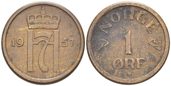 НОРВЕГИЯ 1 ЭРЕ 1957 ХАКОН VII (1905-1957) KM 398 бронза 211-1165