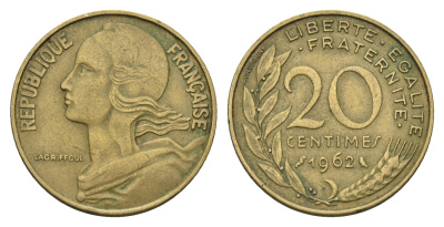 Франция 20 сантимов 1962 тип Marianne KM 930 медь алюминий никель 4681-651