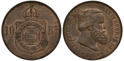Бразилия 10 реалов (рейсов) 1869 Брюссель, Педро II KM 473 бронза     aUNC 272-445