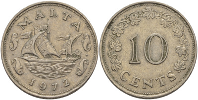 Мальта 10 центов 1972 баржа Великого магистра KM 11 медно-никель 82-325