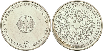 ФРГ 10 марок 1999 D, 50 лет конституции ФРГ KM 196 серебро UNC00-00