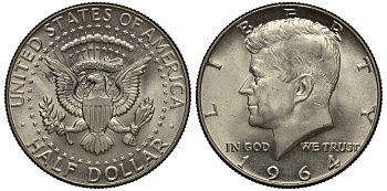 США 1/2 доллара (50 центов) 1964 Джон Кеннеди KM 202 серебро 272-1743