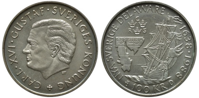 Швеция 100 крон 1988 Карл XVI Густав (1973- ), 350 лет шведской колонии Делавере KM 867.1 серебро BUNC 3460-822