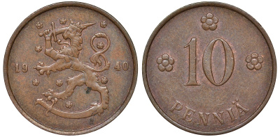 Финляндия 10 пенни 1940 республика (1918-1962) KM 24 медь 51-3312