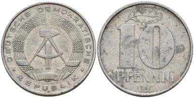 ГДР 10 пфеннигов 1967 A KM 10 алюминий 28-232
