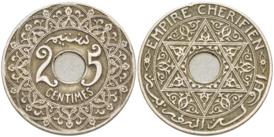 Марокко 25 сантимов 1921 Мулай Юсуф (1912-1927), Французский протекторат KM 34.1 медно-никель 4523-1143