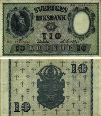 ШВЕЦИЯ 10 КРОН 1951 ГУСТАВ ВАЗА Pick 40l бумага аUNC 7183-29-4-2