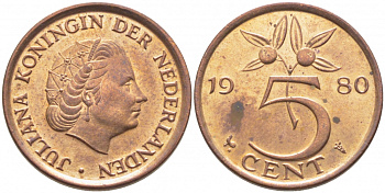 Нидерланды 5 центов 1980 Юлиана (1948-1980) KM 181 бронза 3856-516
