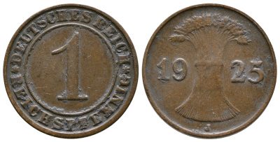 ГЕРМАНИЯ 1 РЕЙХСПФЕННИГ 1925 J KM 37, J. 313 бронза 4380-1134