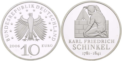 ФРГ 10 евро 2006 F, Карл Фридрих Шинкель KM 245, DE.S 10.26 серебро PROOF 1085-5-71