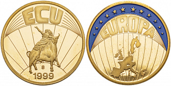 ЕВРОПА МЕДАЛЬ 1999 ЭКЮ, ЕВРОПА, ДИАМЕТР 30 ММ., ВЕС 13 ГР., ЭМАЛЬ медно-никель PROOF 1088-6-54