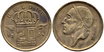 Бельгия 20 сантимов 1954 Belgie, Бодуэн I (1951-1993) KM 147.1 бронза 4392-852