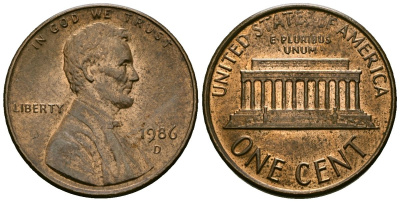 США 1 цент 1986 D, Линкольн KM 201b цинк плакированный медью 4136-266