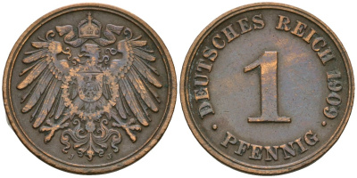 Германия 1 пфенниг 1909 J, Вильгельм II (1888-1918) KM 10, J. 10 медь 4608-246