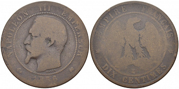 Франция 10 сантимов 1856 K, Наполеон III (1852-1870) KM 771.5, Le Franc 133.36 бронза 3460-912