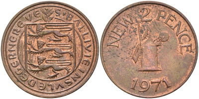 Гернси 2 пенса 1971 Елизавета II (1952-2022), ветряная мельница KM 22 бронза XF-UNC 4583-213