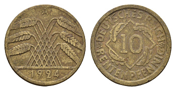 Германия 10 рентенпфеннигов 1924 A KM 33, J. 309 алюминиевая бронза 4651-715