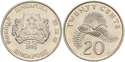 Сингапур 20 центов 1990 KM 52 медно-никель 4364-2536