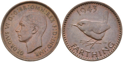 Великобритания 1 фартинг 1943 Георг VI (1936-1952) KM 843, Spink 4116 бронза 4584-151
