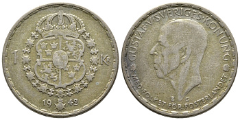 Швеция 1 крона 1942 G, Густав V (1907-1950) KM 814 серебро 3461-136