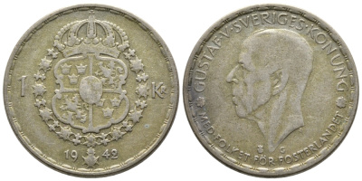Швеция 1 крона 1942 G, Густав V (1907-1950) KM 814 серебро 3461-136