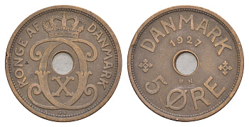 Дания 5 эре 1927 HCN, Кристиан X (1912-1947) KM 828 бронза 4654-733