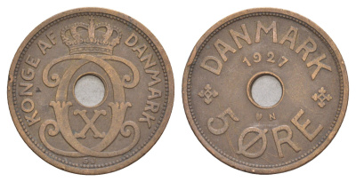 Дания 5 эре 1927 HCN, Кристиан X (1912-1947) KM 828 бронза 4654-733