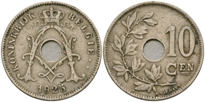 Бельгия 10 сантимов 1925 Belgie KM 86 медно-никель 4135-1021