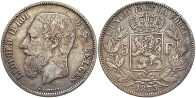 Бельгия 5 франков 1873 Леопольд II (1865-1909), позиция А KM 24 серебро 5010-944