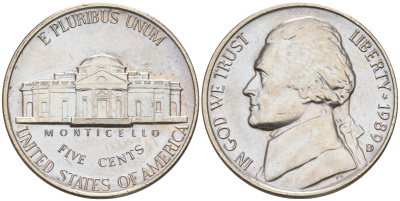 США 5 ЦЕНТОВ 1989 D, ДЖЕФФЕРСОН KM A192 медно-никель 190-155