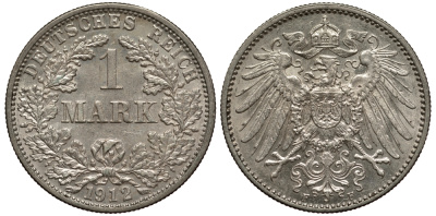 Германия 1 марка 1912 F Weege 18, J. 17, KM 14 серебро aUNC 413-4825