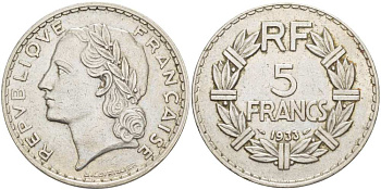 Франция 5 франков 1933 KM 888, Le Franc 336 никель 215-513