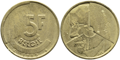 БЕЛЬГИЯ 5 ФРАНКОВ 1986 BELGIE KM 164 латунь или алюминевая бронза 4110-1035