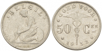 БЕЛЬГИЯ 50 САНТИМОВ 1932 BELGIE KM 88 никель 261-615