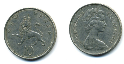 Великобритания 10 пенсов 1969 Елизавета II (1952-2022) KM 912, Spink 4231 (F1) медно-никель  4110-1216