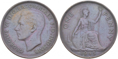 Великобритания 1 пенни 1945 Георг VI (1936-1952) KM 845, Spink 4114 бронза 69-145
