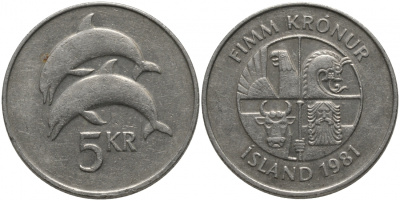 Исландия 5 крон 1981 дельфины KM 28 медно-никель 181-641