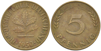 ФРГ 5 пфеннигов 1950 D KM 107, J. 382 сталь плакированная латунью 55-1242