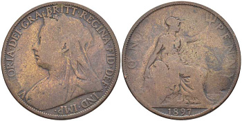 Великобритания 1 пенни 1897 Виктория (1837-1901) KM 790, Spink 3961 бронза 3460-713