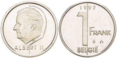 БЕЛЬГИЯ 1 ФРАНК 1997 BELGIE, АЛЬБЕРТ II (1993-) KM 188 железо плакированное никелем 3851-1153