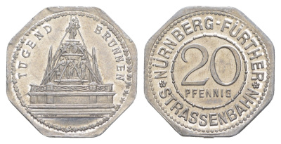 Нюрнберг трамвайный (транспортный) жетон в 20 пфеннигов ND (1920-1921) Фонтан Добродетелей Men05 19256.42, Men18 24102.42 алюминий UNC 4638-324